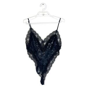 Vtg DELICATES Women's Black Floral Lace Teddy Romper Lingerie Tie Back 80's Sz S